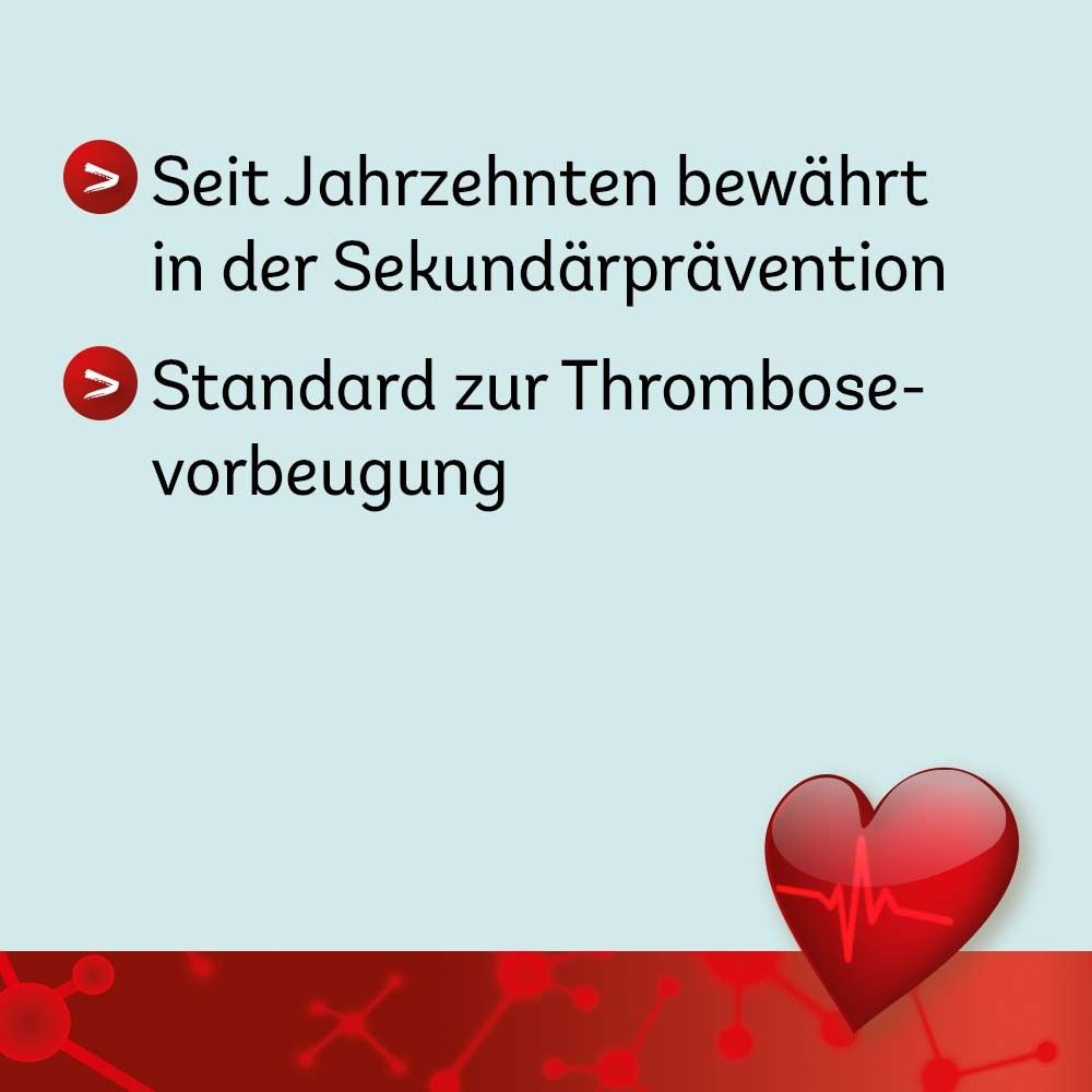 Text mit Vorteilen: Seit Jahrzehnten bewährt in der Sekundärprävention, Standard zur Thrombosevorbeugung. Herz-Grafik.