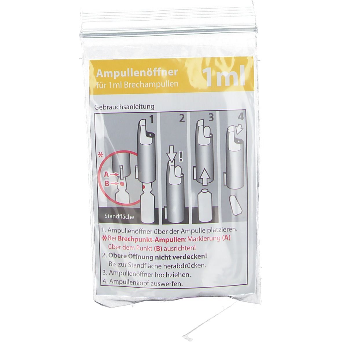 Verpackung mit gelbem Ampullenöffner. Gebrauchsanleitung mit schematischen Darstellungen zur Anwendung des Produkts.