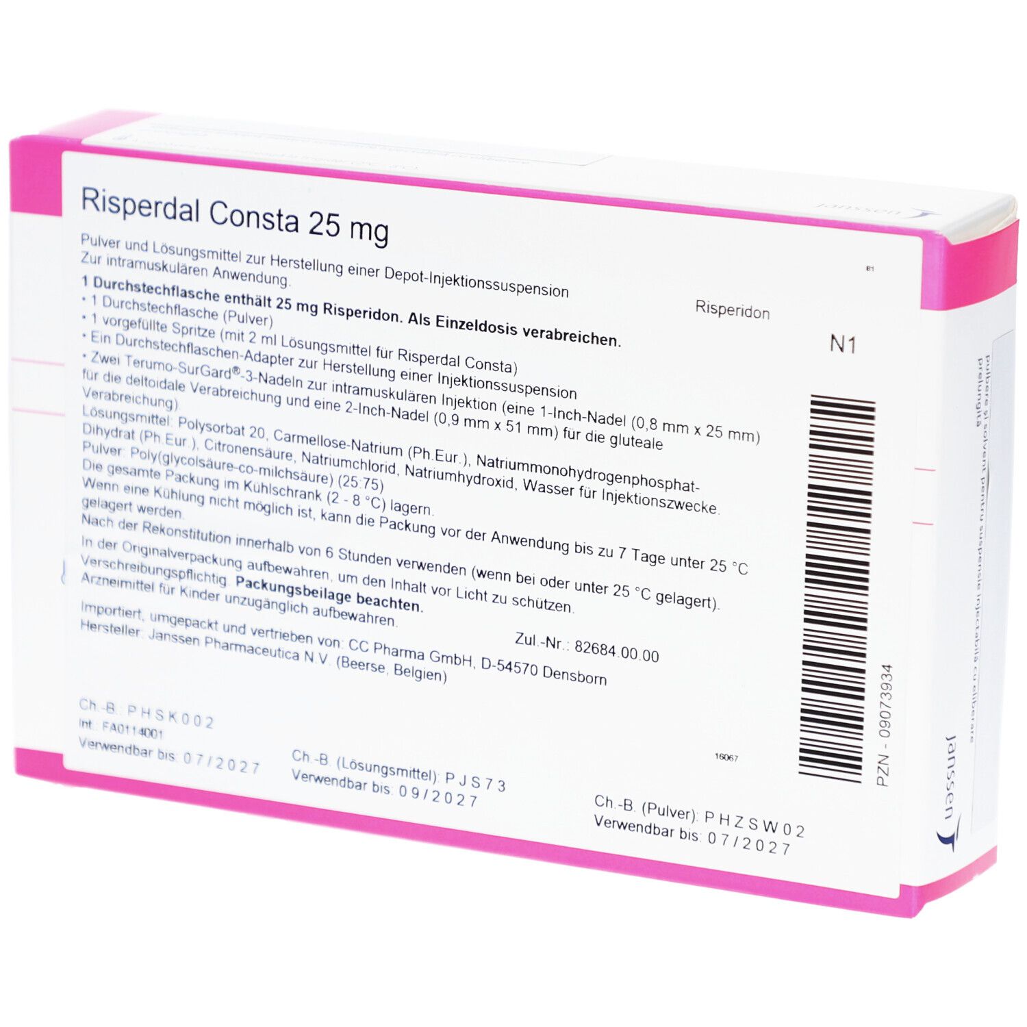 Weiße rechteckige Verpackung mit rosa Akzenten. Aufschrift: Risperdal Consta 25 mg. Enthält Informationen zur intramuskulären Anwendung.