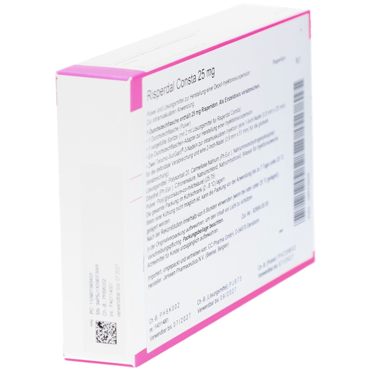 Weiße rechteckige Verpackung mit rosa Akzenten. Aufschrift: Risperdal Consta 25 mg. Rückansicht mit Informationen zur Anwendung.