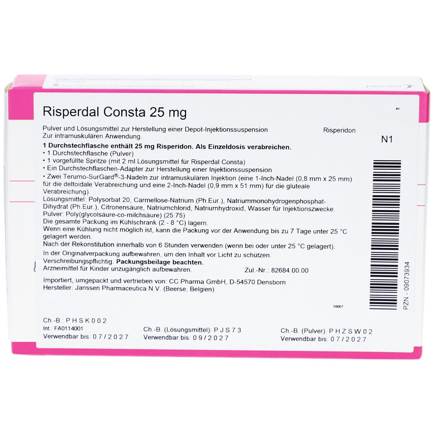 Weiße rechteckige Verpackung mit rosa Akzenten. Aufschrift: Risperdal Consta 25 mg. Rückseite mit Produktinformationen.
