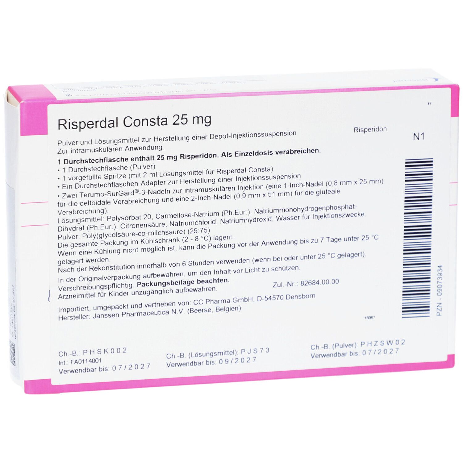 Weiße rechteckige Verpackung mit rosa Akzenten. Aufschrift: Risperdal Consta 25 mg. Rückseite mit Produktinformationen.