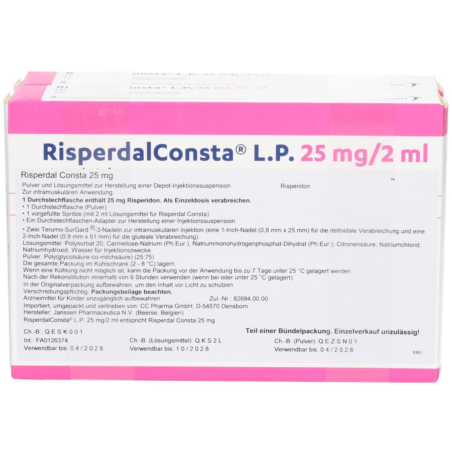 Risperdal Consta L.P. 25 mg/2 ml Pulver und Lösungsmittel für Depot-Injektionssuspension.