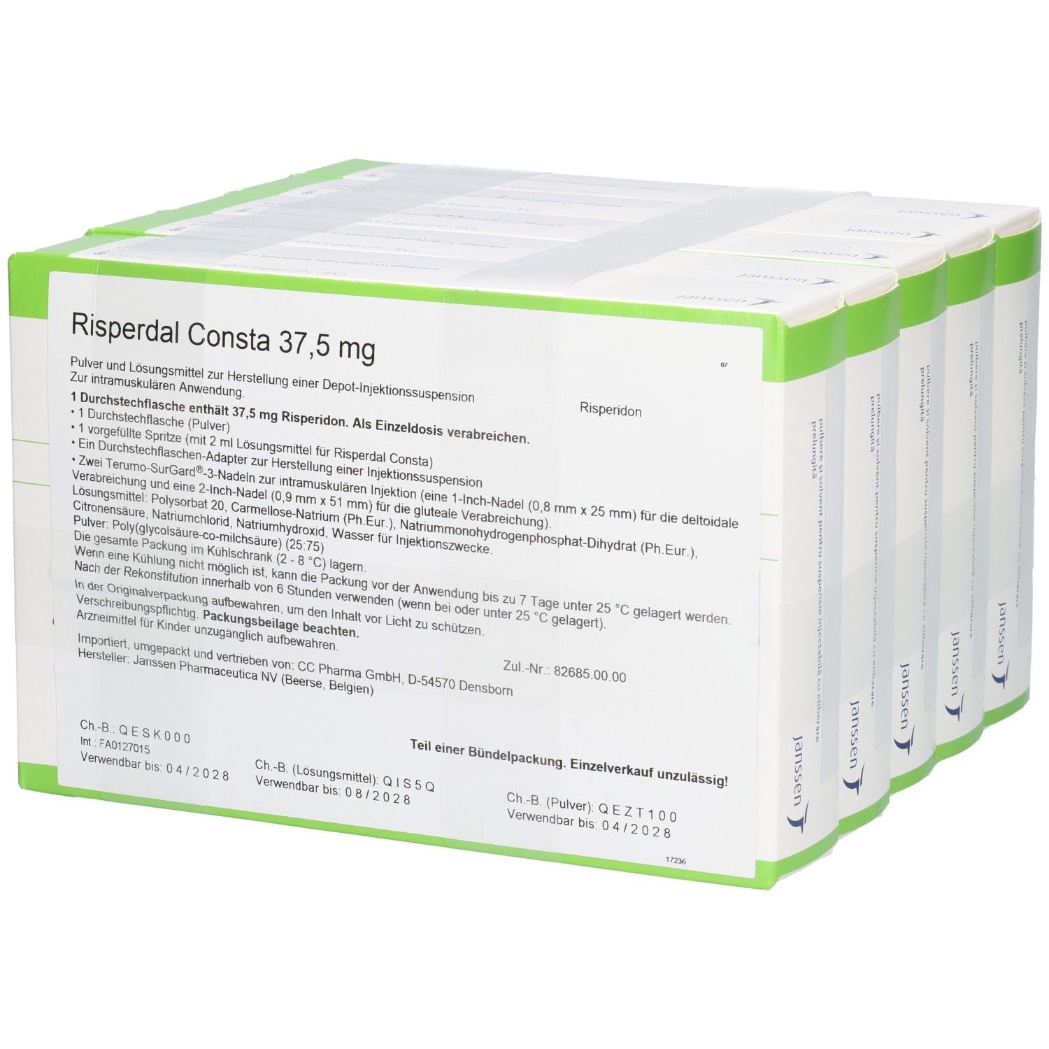 Packung mit sechs Einzeldosis-Spritzen von Risperdal Consta 37,5 mg Depot-Injektionssuspension.