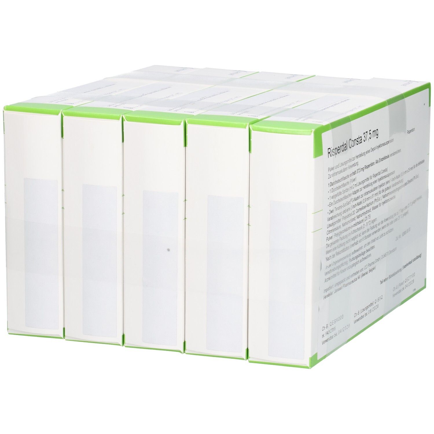 Rückansicht einer Packung mit sechs Einzeldosis-Spritzen von Risperdal Consta 37,5 mg.
