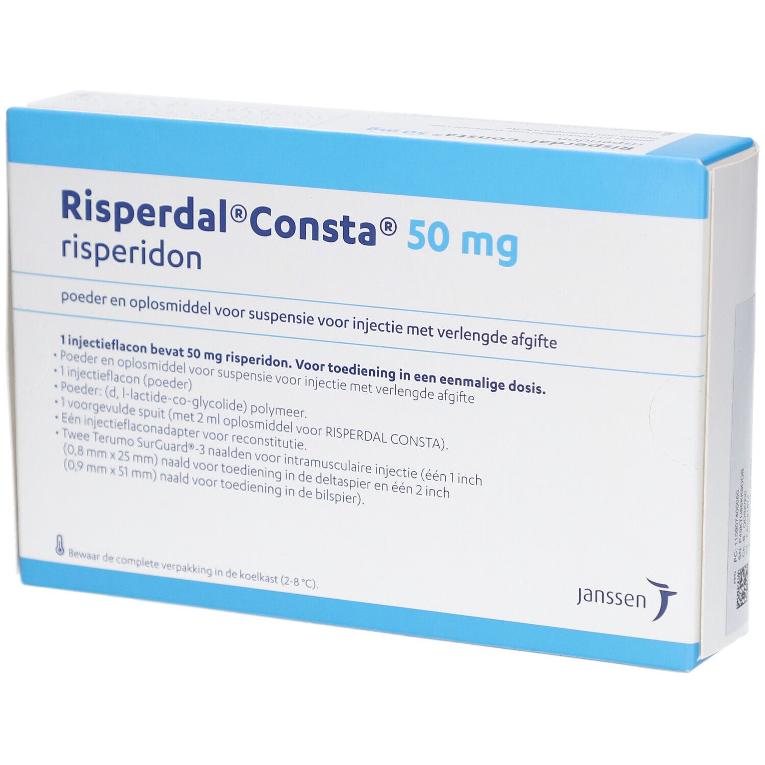 Schachtel mit Aufschrift Risperdal Consta 50 mg. Janssen-Logo. Text in Niederländisch.