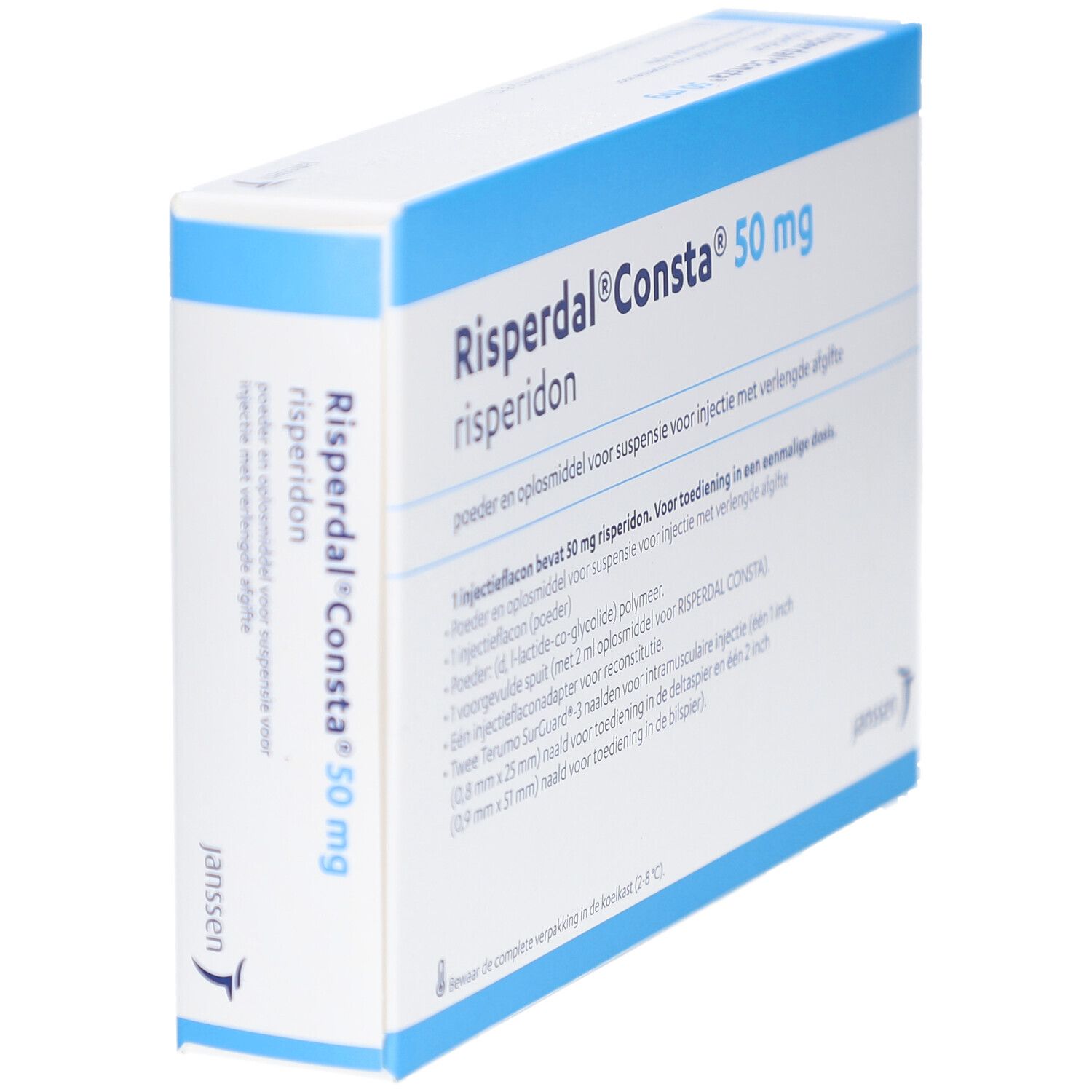 Schachtel Risperdal Consta 50 mg. Seitenansicht. Janssen-Logo. Text in Niederländisch.