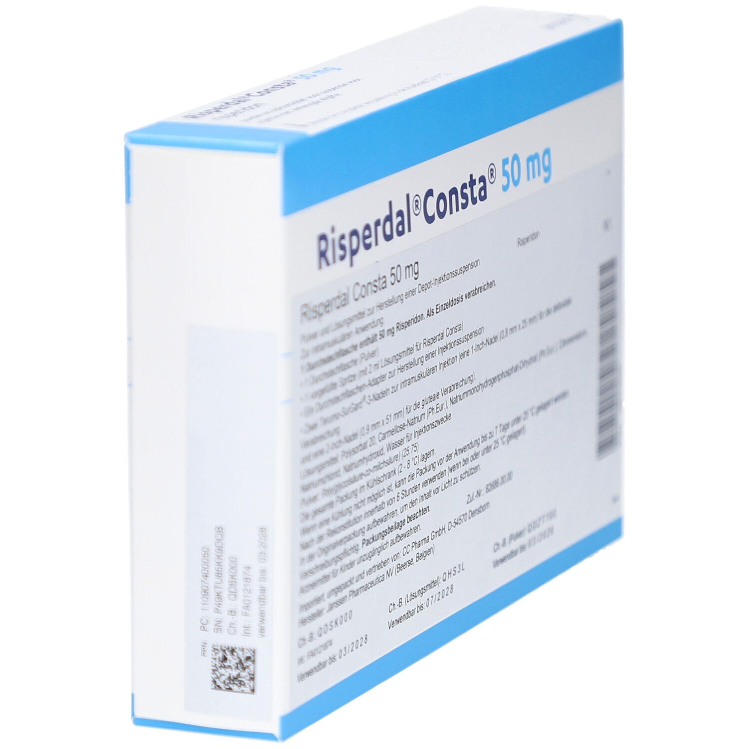 Schachtel Risperdal Consta 50 mg. Seitenansicht. Text in Deutsch. Barcode.