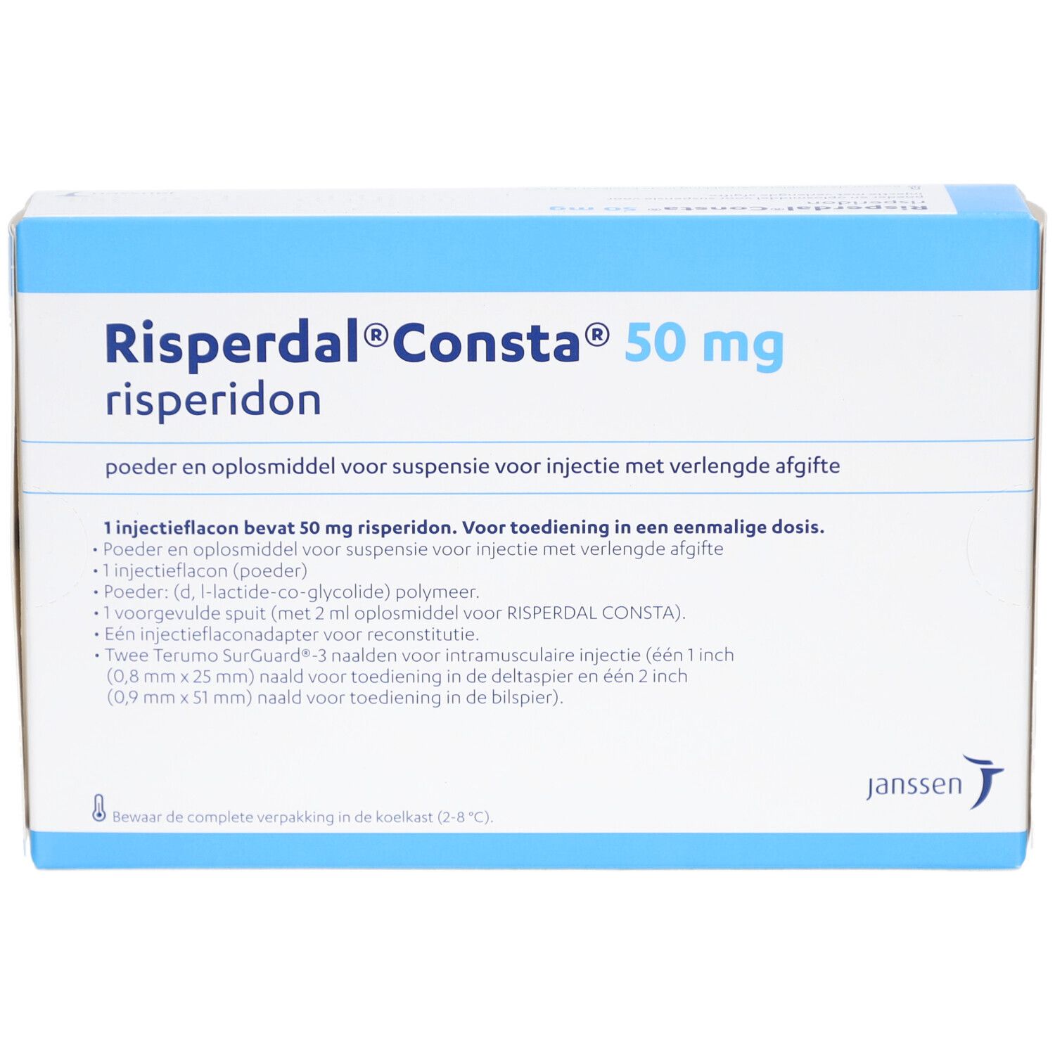 Schachtel mit Aufschrift Risperdal Consta 50 mg. Text in Niederländisch. Janssen-Logo.