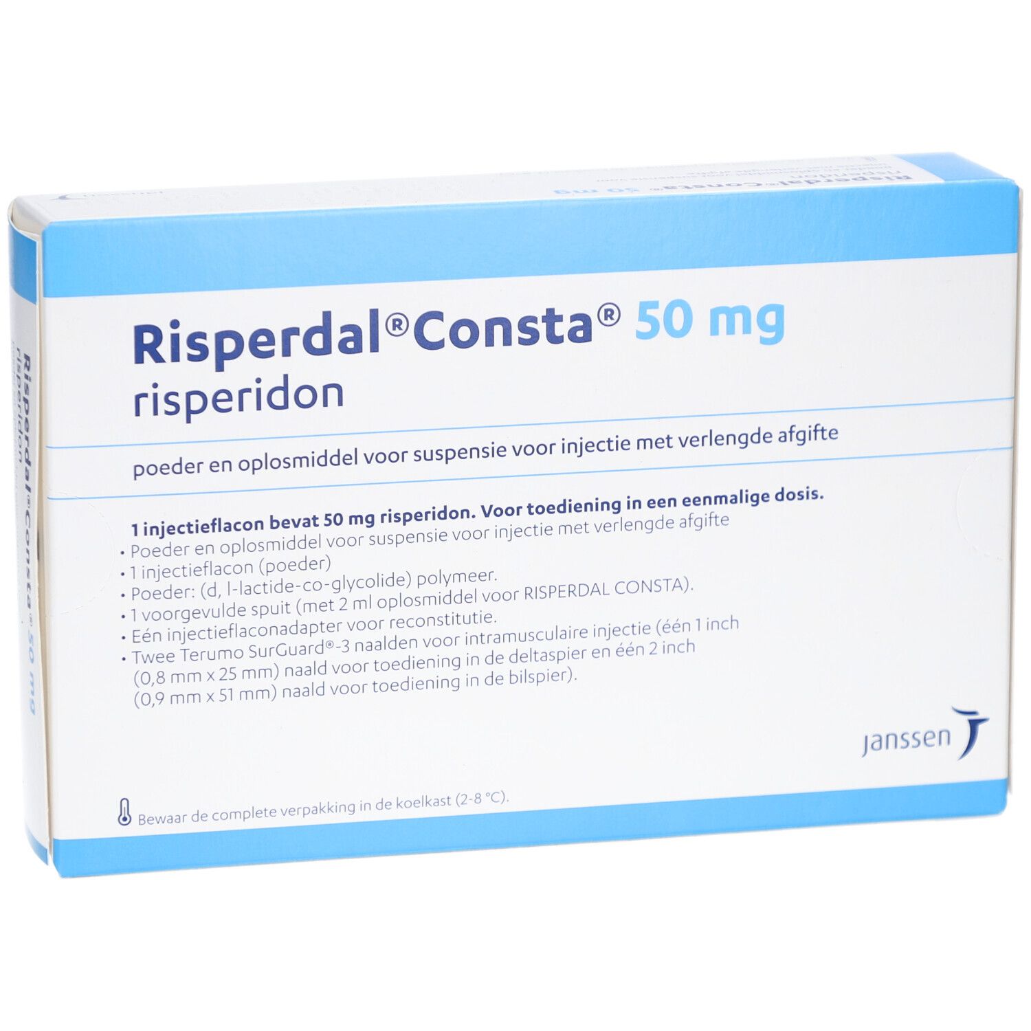 Schachtel mit Aufschrift Risperdal Consta 50 mg. Text in Niederländisch. Janssen-Logo.