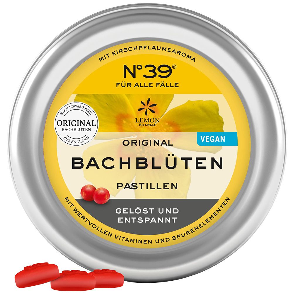 Runde Dose mit gelbem Etikett. Aufschrift: N°39, Bachblüten Pastillen. Rote Pastillen liegen davor.