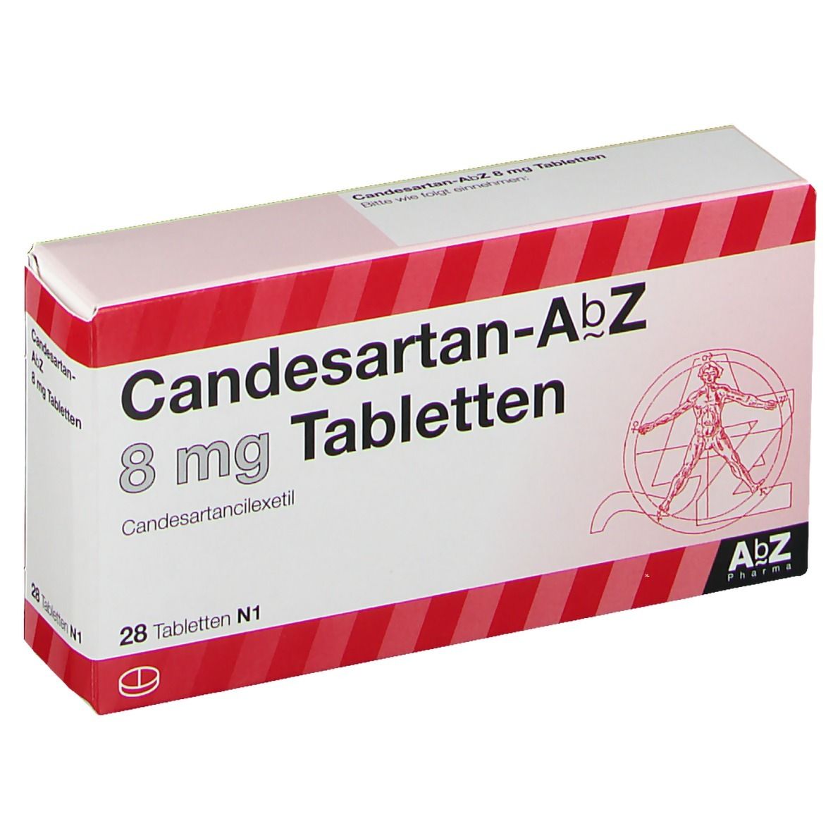 Schachtel mit Candesartan-AbZ 8 mg Tabletten. Rote und weiße Streifen. 28 Tabletten. AbZ Pharma Logo.