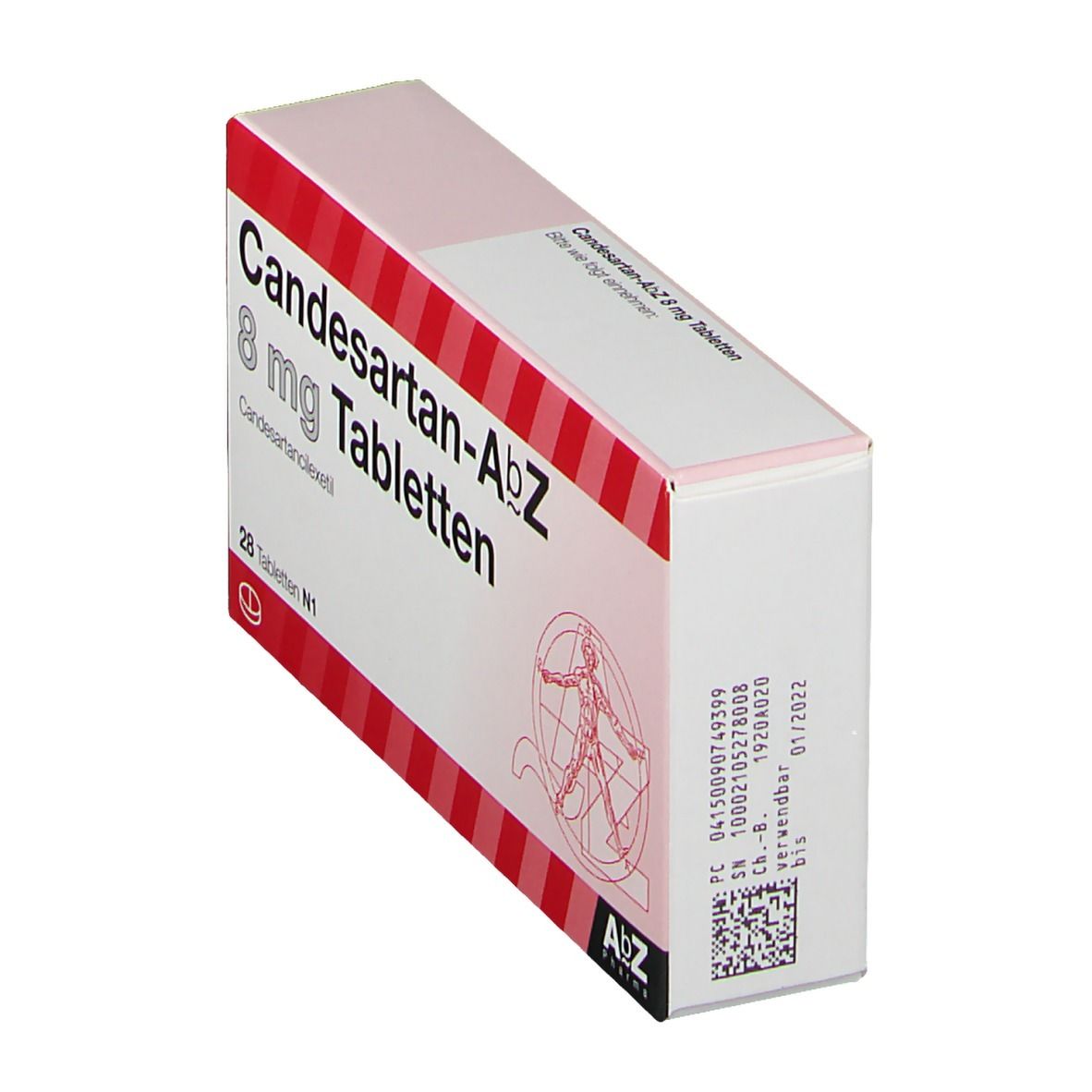 Schachtel Candesartan-AbZ 8 mg Tabletten. Rote und weiße Streifen. Rückseite mit Barcode und Informationen. AbZ Pharma.