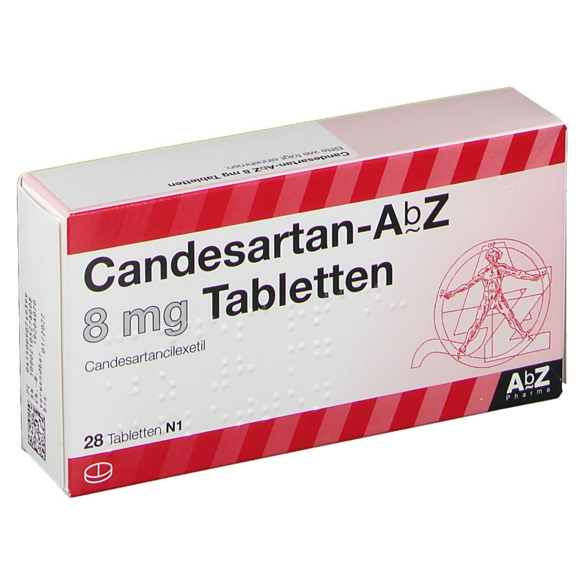 Schachtel mit Candesartan-AbZ 8 mg Tabletten. Rote und weiße Streifen. 28 Tabletten. AbZ Pharma Logo.