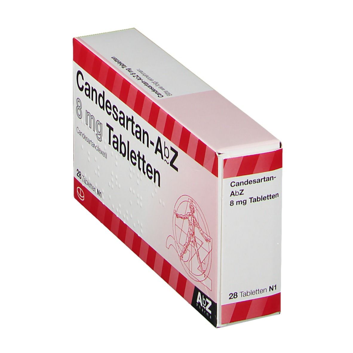 Schachtel Candesartan-AbZ 8 mg Tabletten. Rote und weiße Streifen. 28 Tabletten. AbZ Pharma Logo.