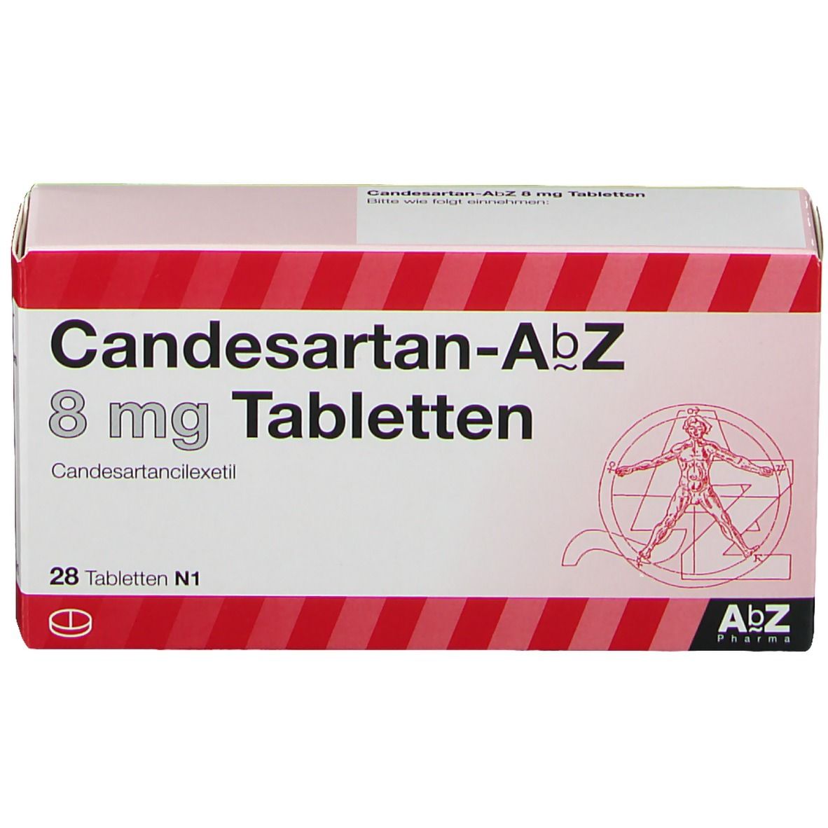 Schachtel mit Candesartan-AbZ 8 mg Tabletten. Rote und weiße Streifen. 28 Tabletten. AbZ Pharma Logo.
