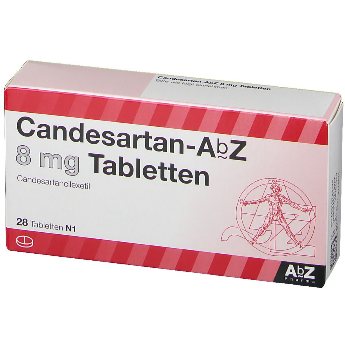 Schachtel mit Candesartan-AbZ 8 mg Tabletten. Rote und weiße Streifen. 28 Tabletten. AbZ Pharma Logo.