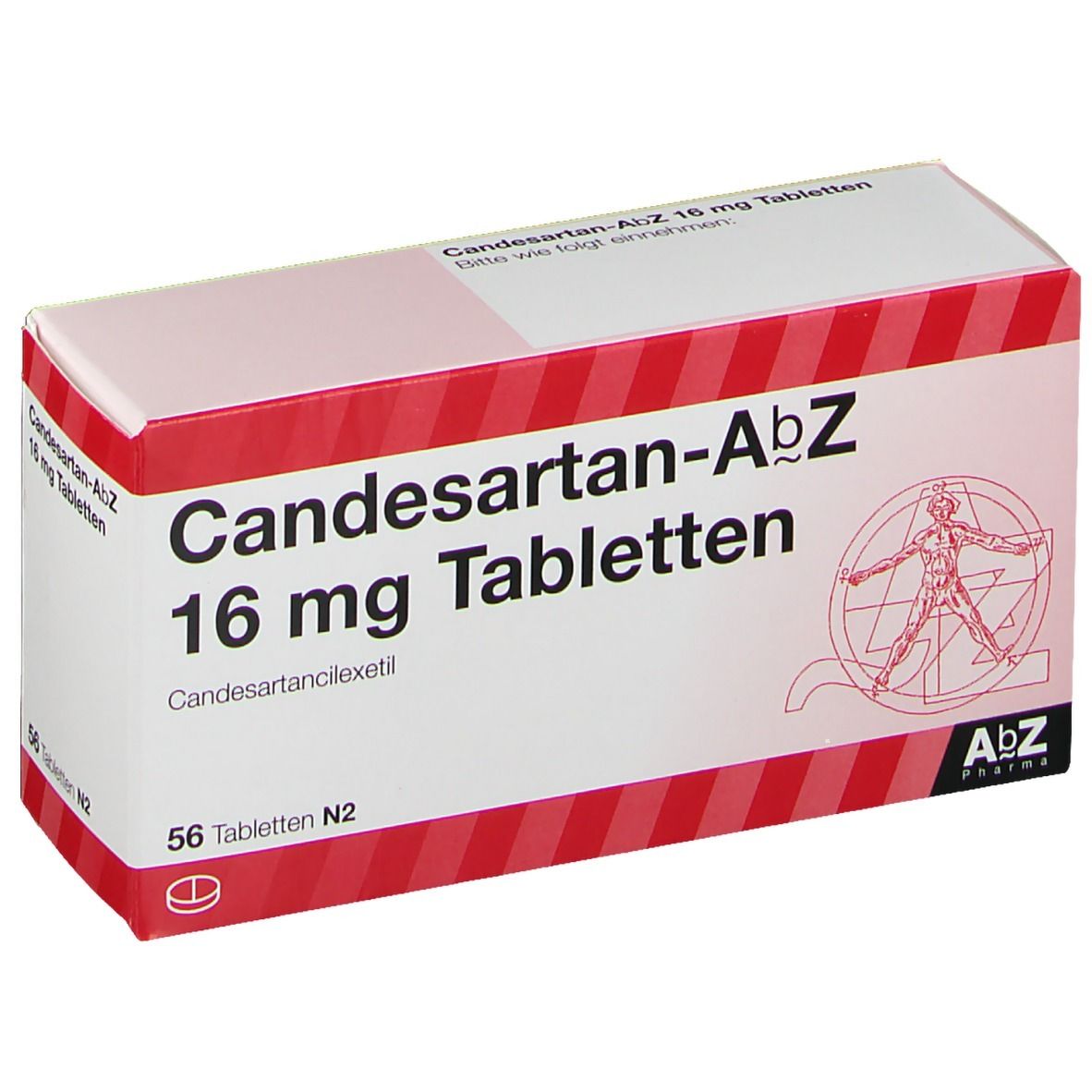 Schachtel mit Candesartan-AbZ 16 mg Tabletten. Rote und weiße Verpackung mit Produktnamen und Dosierung. 56 Tabletten.