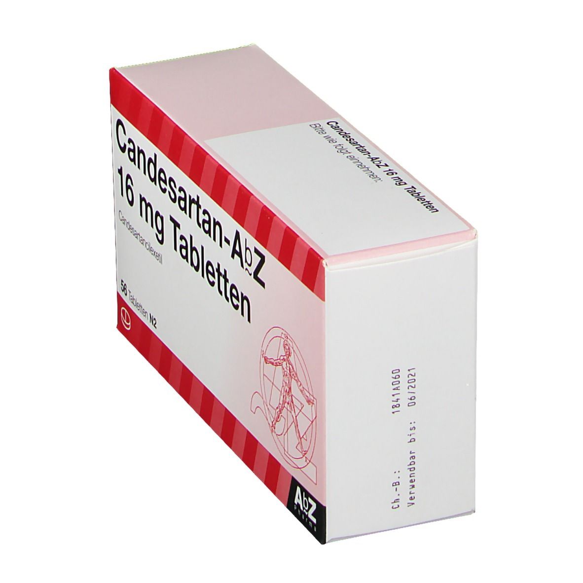 Schachtel Candesartan-AbZ 16 mg Tabletten. Rote und weiße Verpackung. Aufdruck mit Produktinformationen und Haltbarkeitsdatum.