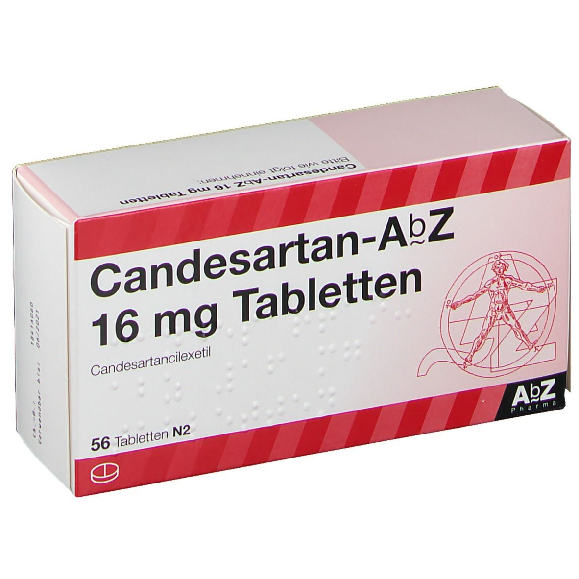 Schachtel Candesartan-AbZ 16 mg Tabletten. Rote und weiße Verpackung mit Produktnamen und Dosierung. 56 Tabletten. Braille-Schrift.