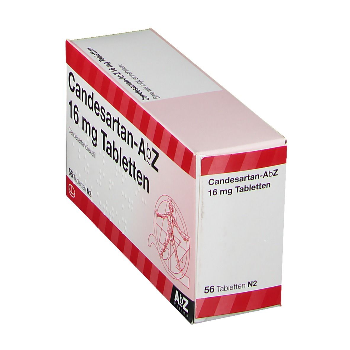 Schachtel Candesartan-AbZ 16 mg Tabletten. Rote und weiße Verpackung mit Produktnamen und Dosierung. 56 Tabletten. Braille-Schrift.