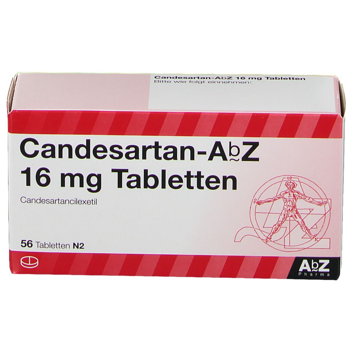 Schachtel Candesartan-AbZ 16 mg Tabletten. Rote und weiße Verpackung mit Produktnamen und Dosierung. 56 Tabletten.