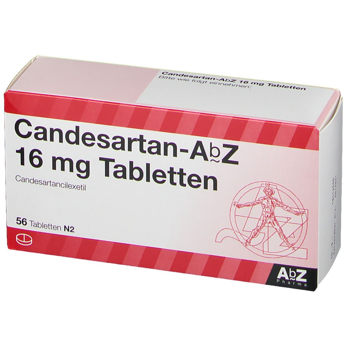 Schachtel Candesartan-AbZ 16 mg Tabletten. Rote und weiße Verpackung mit Produktnamen und Dosierung. 56 Tabletten.