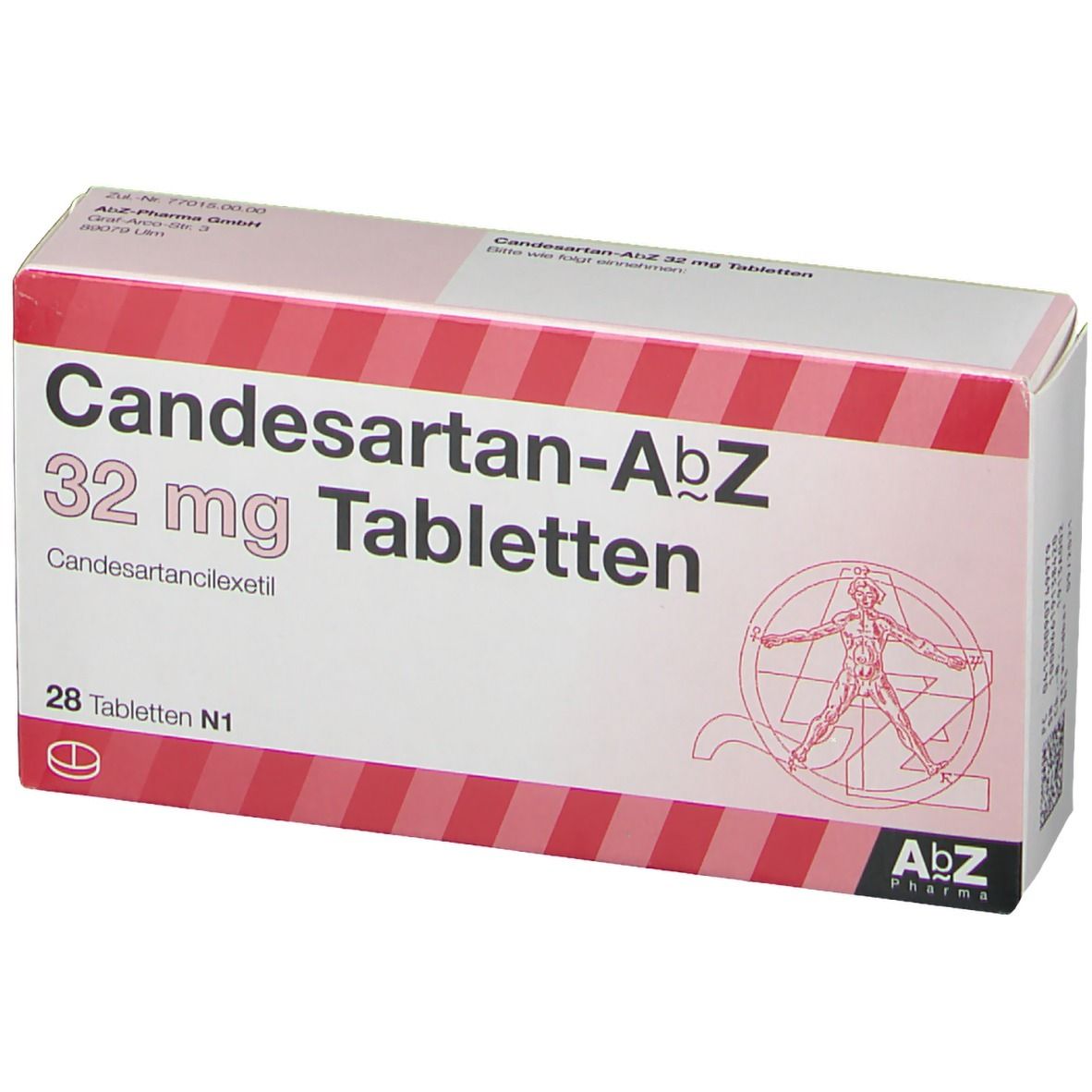 Schachtel mit Candesartan-AbZ 32 mg Tabletten. Rote und weiße Streifen, Text: Candesartan-AbZ, 32 mg, Tabletten, 28 Tabletten.