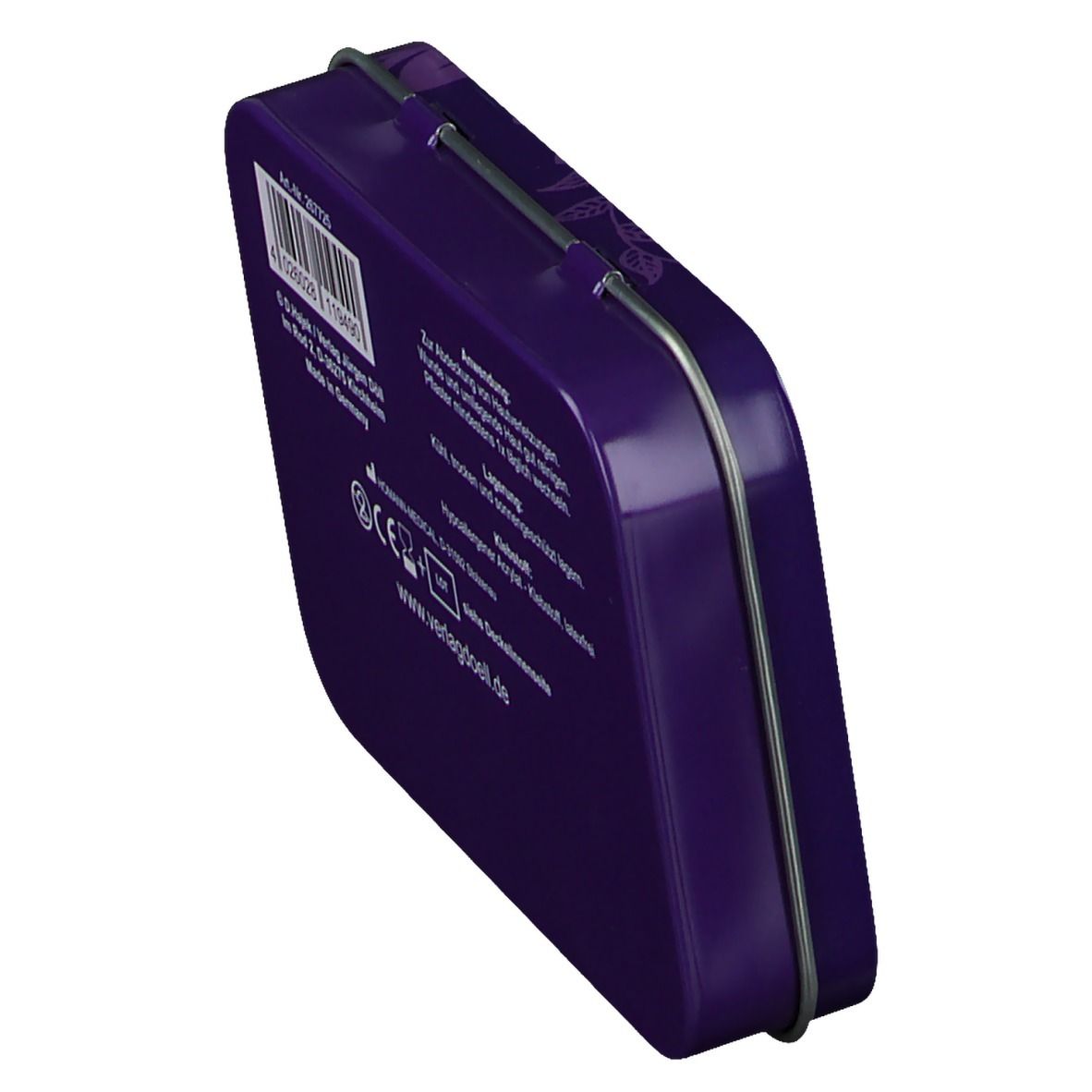 Seitenansicht der violetten Metallbox. Zeigt die Form und die Metallkante.