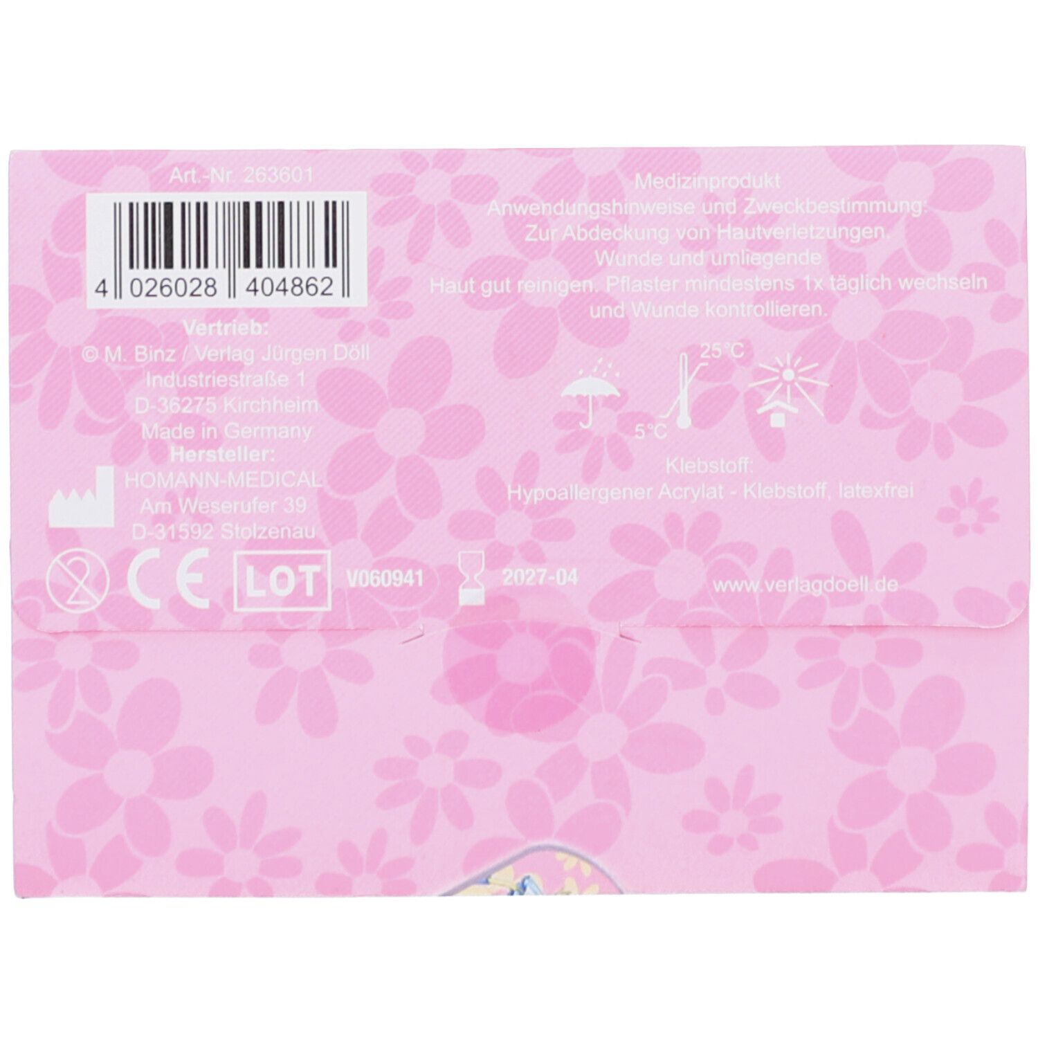 Rückseite der rosa Verpackung. Text: Medizinprodukt, Hersteller, Vertrieb. Barcode, Chargennummer, Haltbarkeitsdatum.