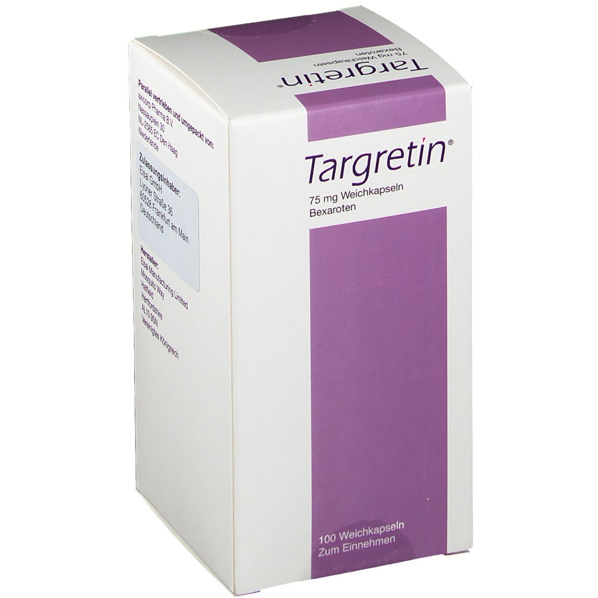Weißer Karton mit lila Akzenten. Aufschrift: TARGRETIN 75 mg Weichkapseln. 100 Weichkapseln. Zum Einnehmen.