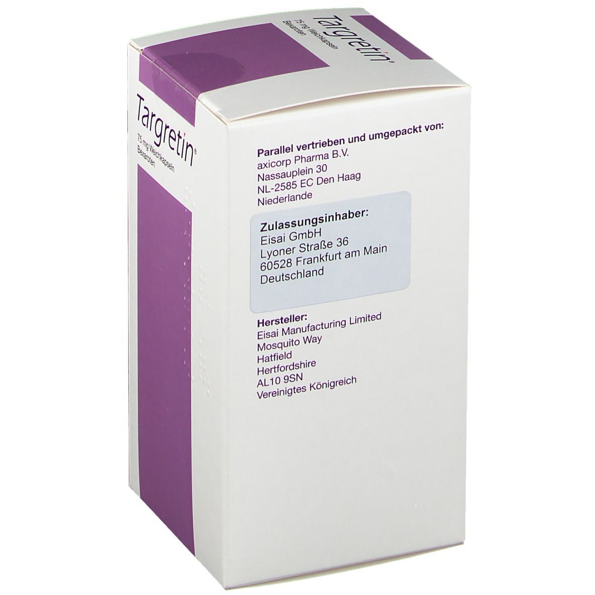 Weiße TARGRETIN-Verpackung. Text: Zulassungsinhaber, Hersteller. Adresse: Eisai GmbH, Deutschland. Eisai Manufacturing Limited, Vereinigtes Königreich.