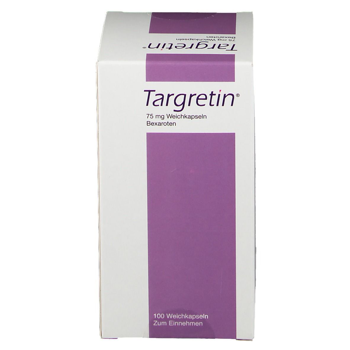 Weiße TARGRETIN-Verpackung. Aufschrift: TARGRETIN 75 mg Weichkapseln. 100 Weichkapseln. Zum Einnehmen. Lila Feld.