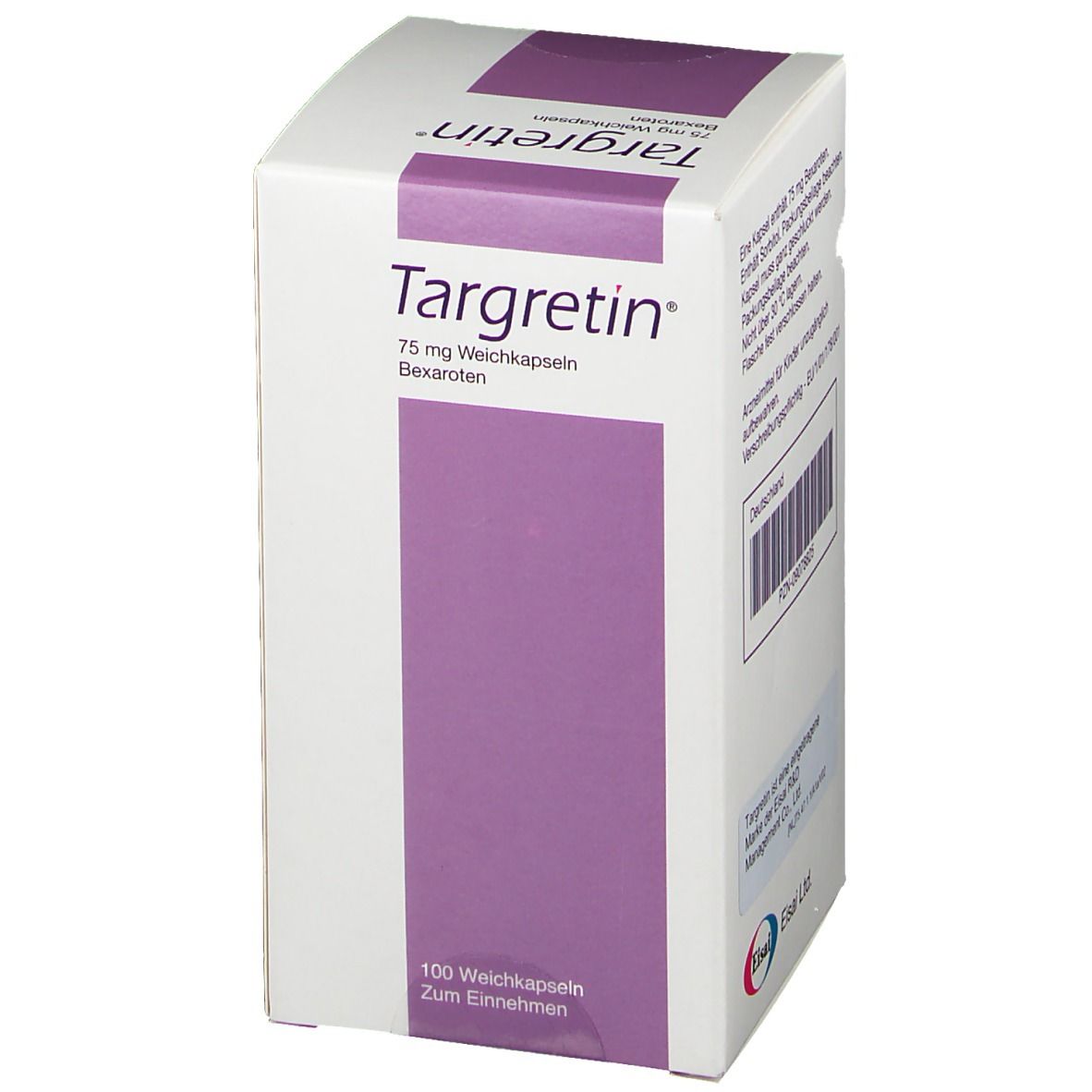 Weiße TARGRETIN-Verpackung. Aufschrift: TARGRETIN 75 mg Weichkapseln. 100 Weichkapseln. Zum Einnehmen. Seitenansicht.