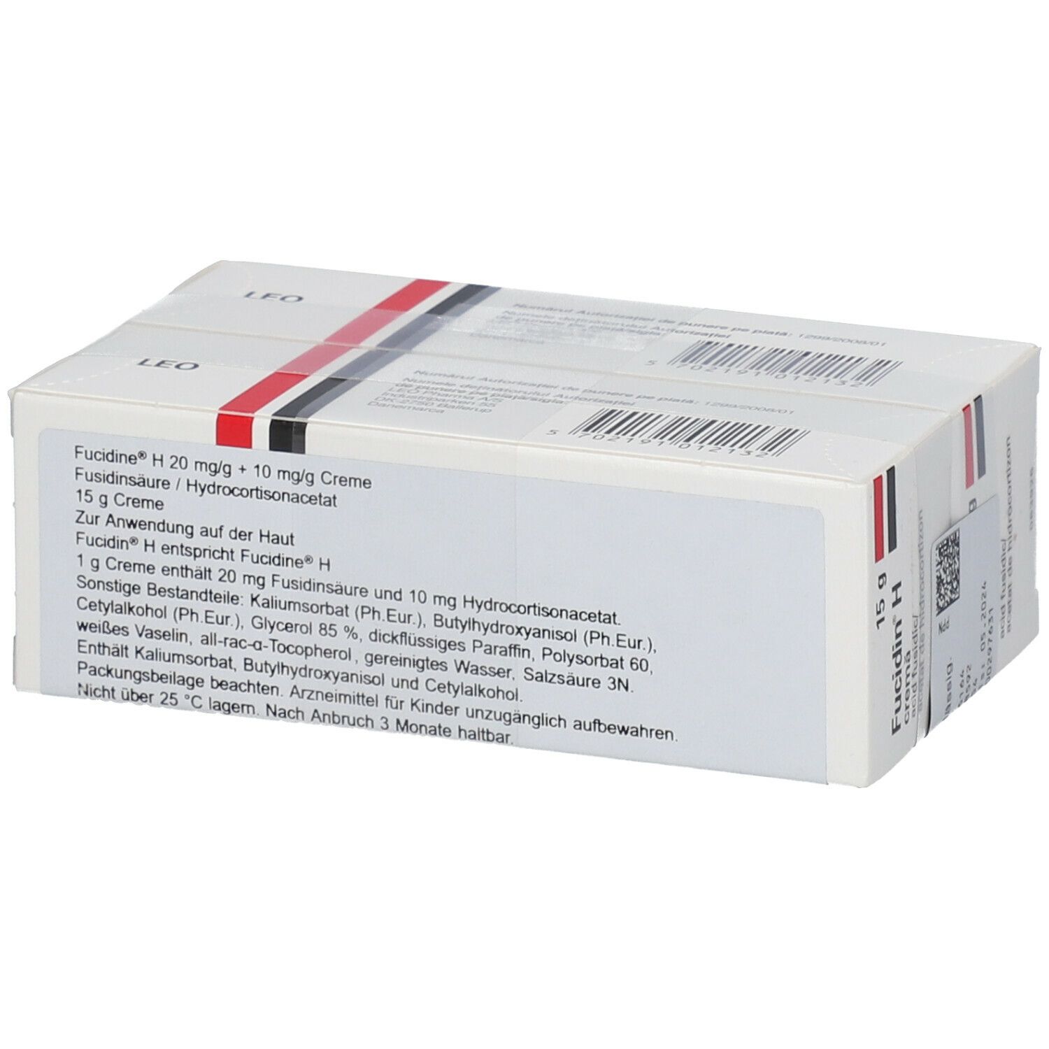 Drei aneinander liegende Schachteln Fucidin H Crème. Aufschrift und Logo sichtbar. Text mit Inhaltsstoffen.