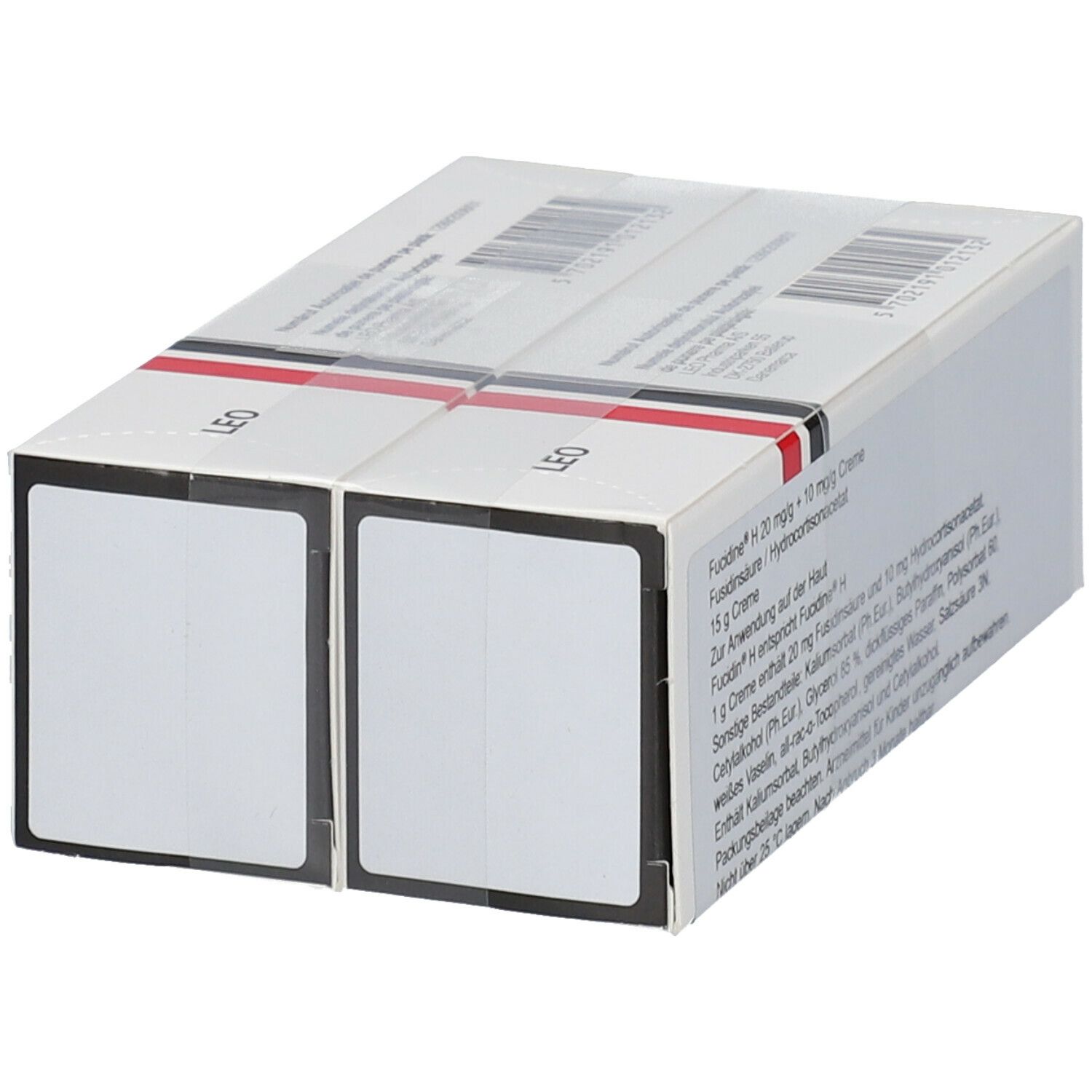 Zwei aneinander liegende Schachteln Fucidin H Crème. Aufschrift und Logo sichtbar. Barcode auf der Oberseite.