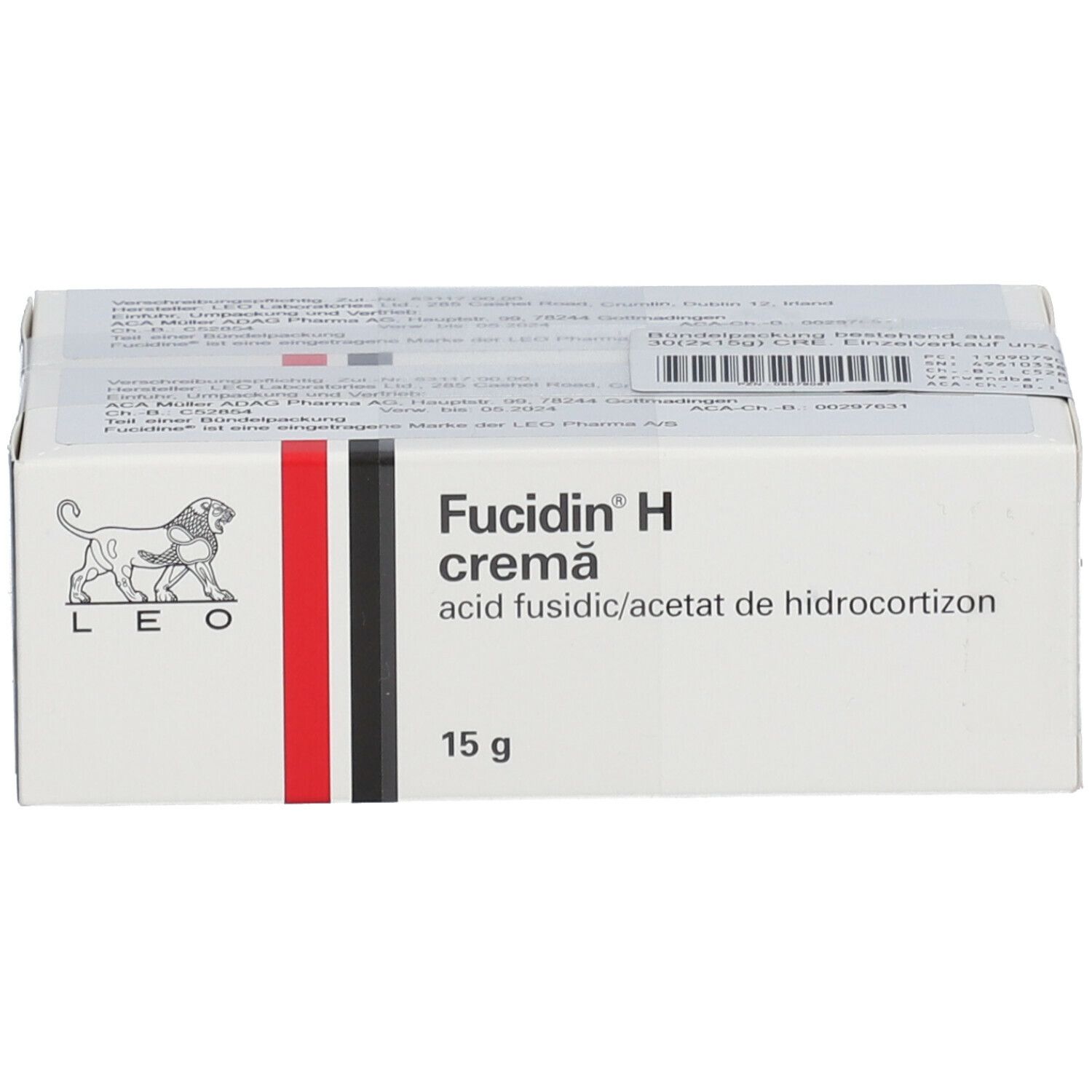 Schachtel mit Fucidin H Crème. Aufschrift: acid fusidic/acetat de hidrocortizon, 15 g. Logo: Löwe.