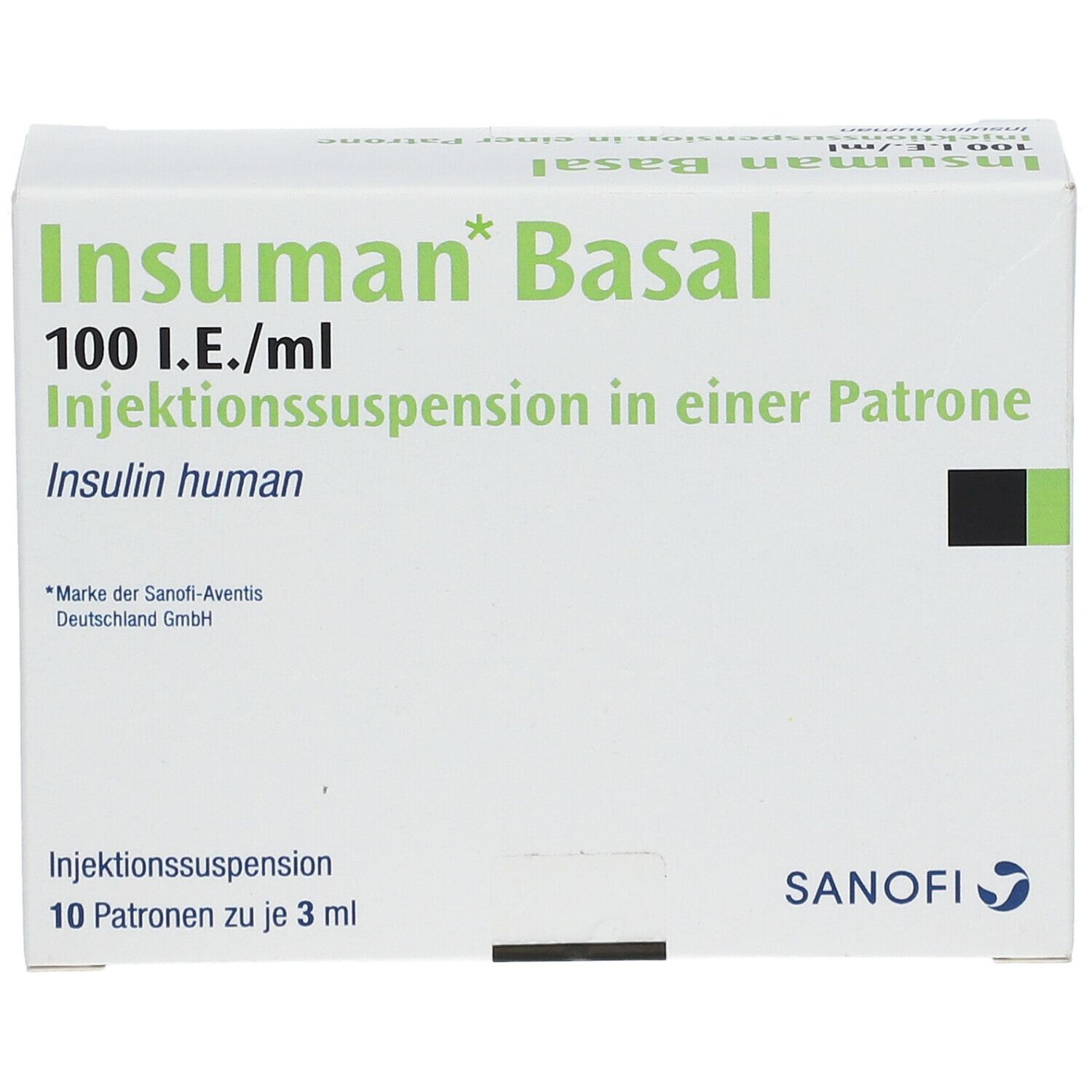 Weiße Verpackung mit grünen Akzenten. Beschriftung: Insuman Basal 100 I.E./ml, Injektionssuspension in einer Patrone. Sanofi-Logo.