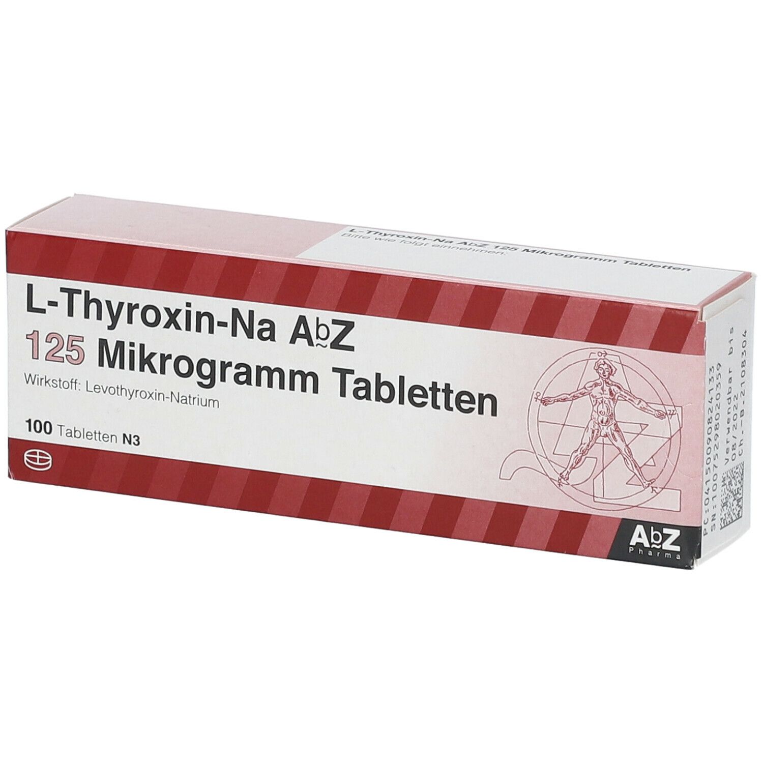 Schachtel mit L-Thyroxin-Na AbZ 125 Mikrogramm Tabletten. Rote und weiße Streifen. 100 Tabletten. ABZ Pharma Logo.