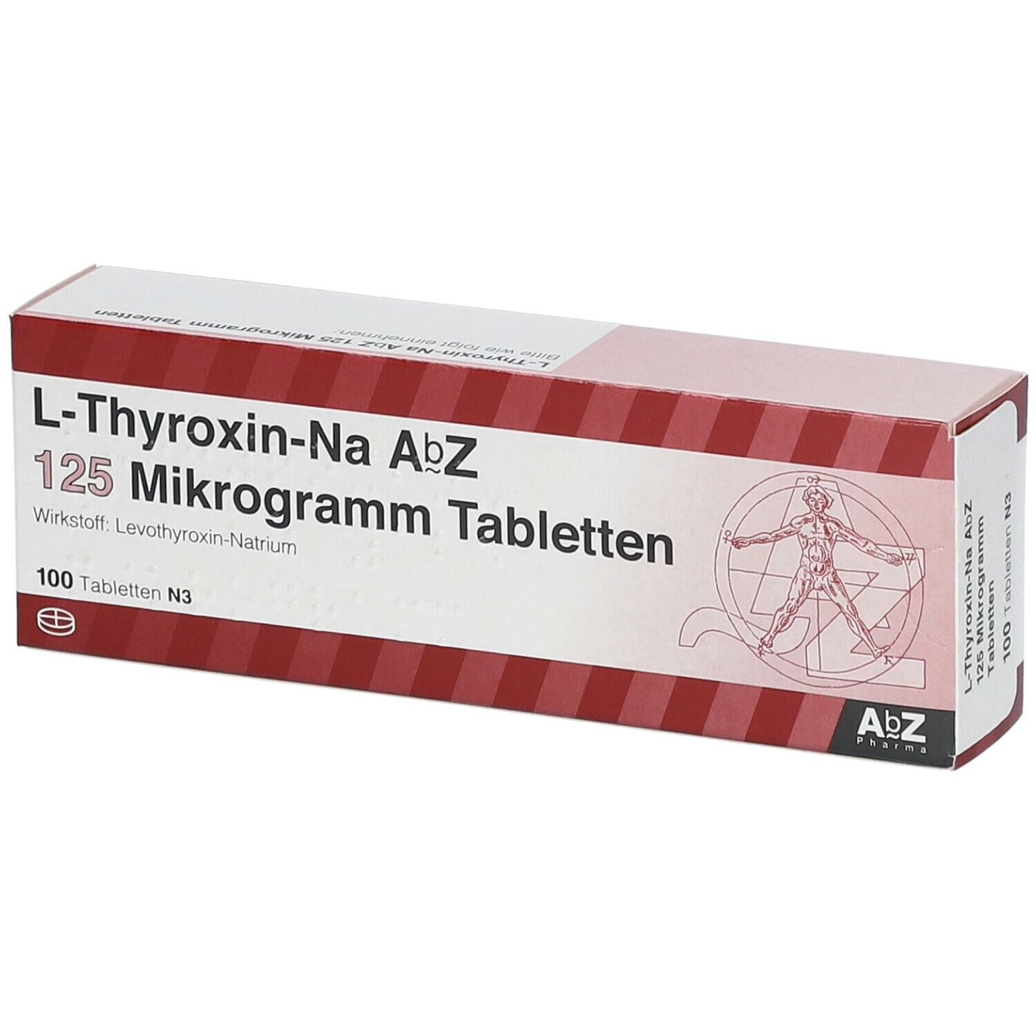 Schachtel L-Thyroxin-Na AbZ 125 Mikrogramm Tabletten. Rote und weiße Streifen. 100 Tabletten. ABZ Pharma Logo und Abbildung.