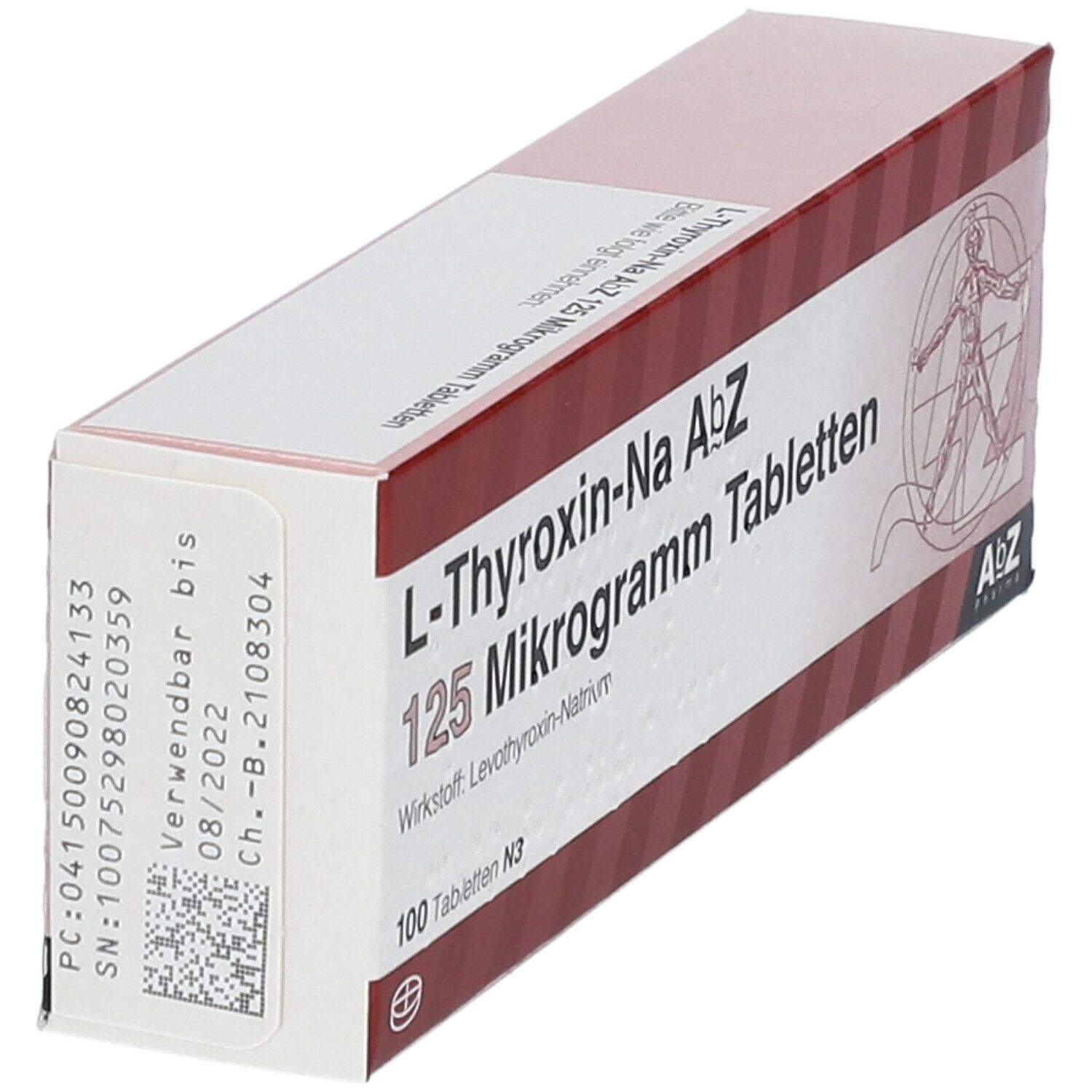 Schachtel L-Thyroxin-Na AbZ 125 Mikrogramm Tabletten. Rote und weiße Streifen. 100 Tabletten. Etikett mit Verfallsdatum und Chargennummer.