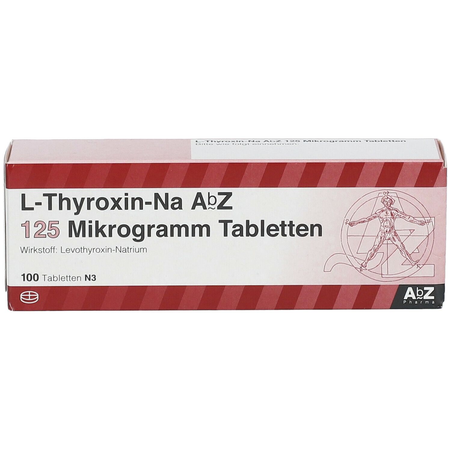 Schachtel L-Thyroxin-Na AbZ 125 Mikrogramm Tabletten. Rote und weiße Streifen. 100 Tabletten. ABZ Pharma Logo und Abbildung.