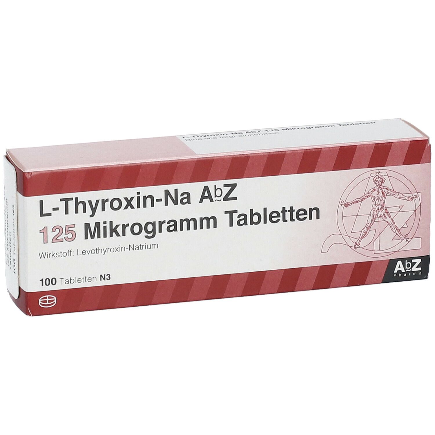 Schachtel L-Thyroxin-Na AbZ 125 Mikrogramm Tabletten. Rote und weiße Streifen. 100 Tabletten. ABZ Pharma Logo und Abbildung.
