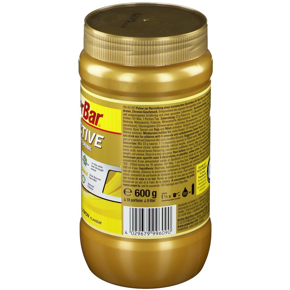 Rückseite der PowerBar Isoactive Dose. Text in mehreren Sprachen. Enthält 600g. Mit Nährwertangaben und Inhaltsstoffen.