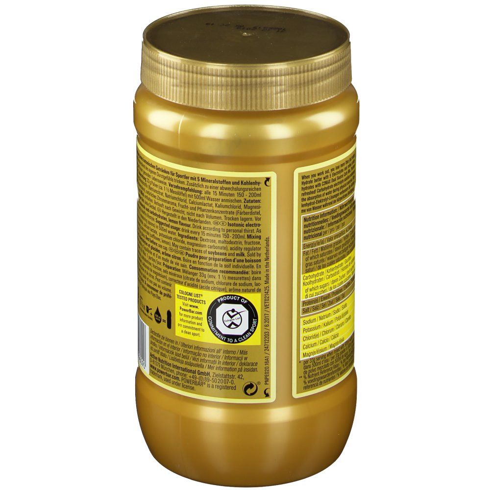 Rückseite der PowerBar Isoactive Dose. Text in mehreren Sprachen. Mit Nährwertangaben und Inhaltsstoffen. Siegel.