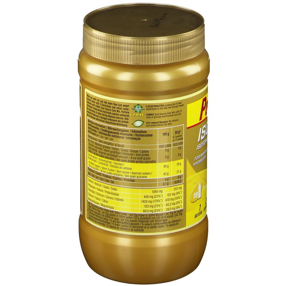 Rückseite der PowerBar Isoactive Dose. Nährwertangaben in mehreren Sprachen. Mit Inhaltsstoffen und Zertifizierungen.