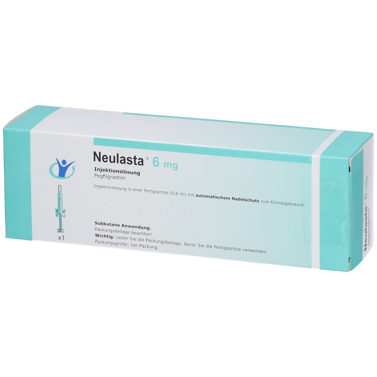 Karton von Neulasta 6 mg Injektionslösung. Enthält eine Fertigspritze mit Nadelschutz.