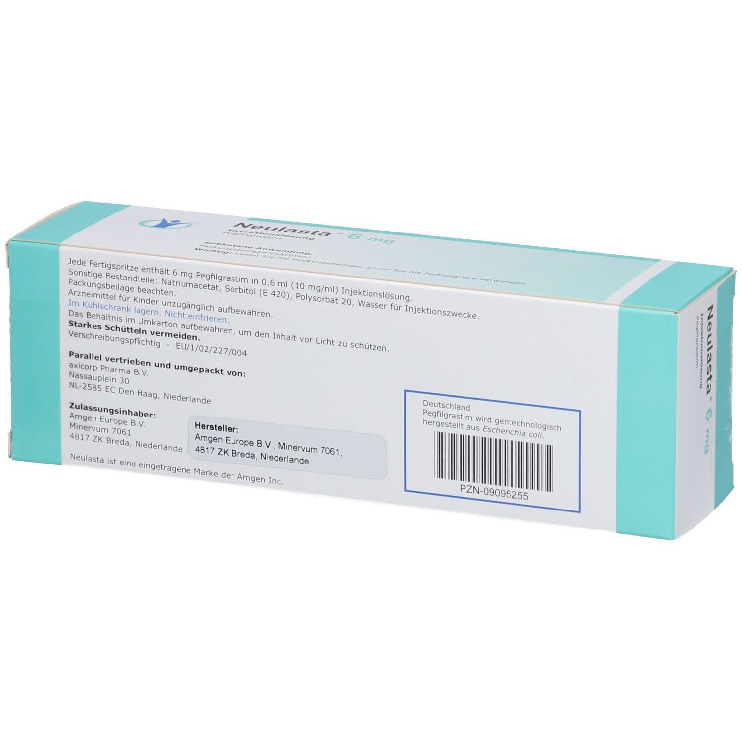 Rückseite der Neulasta 6 mg Packung. Enthält Informationen zu Inhaltsstoffen und Hersteller.