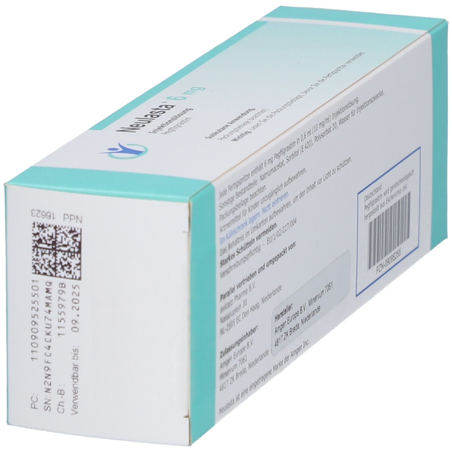 Karton von Neulasta 6 mg. Rückseite mit Chargennummer, Verfallsdatum und Barcode.