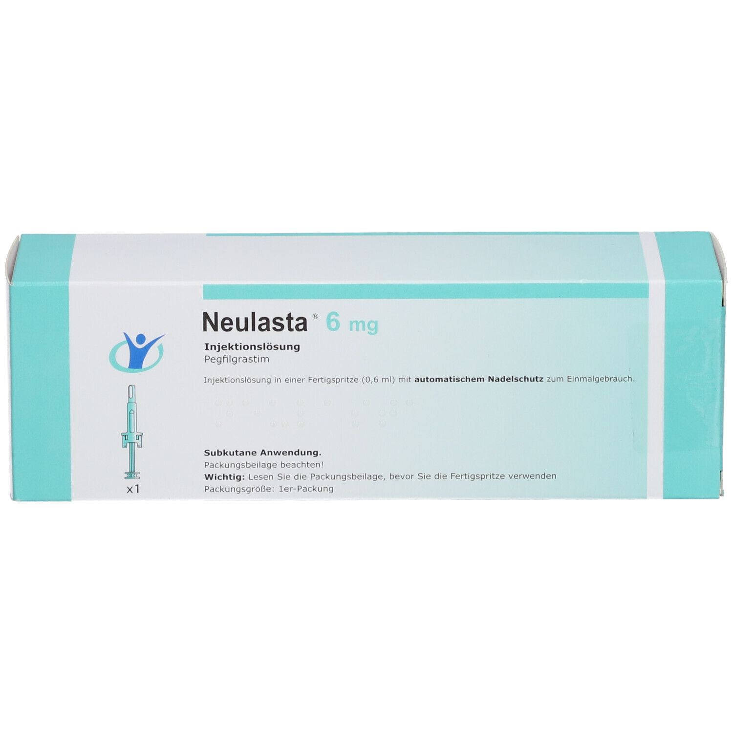 Karton von Neulasta 6 mg Injektionslösung. Enthält eine Fertigspritze mit Nadelschutz.
